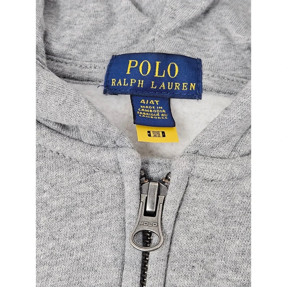 Polo Ralph Lauren Boy's 4T Toddler Full Zip Fleece Hoodie Gray, Navy Pony, EUC!